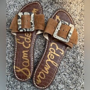 Sam Edelman Brown Suede Slides with Snake-Print Buckle